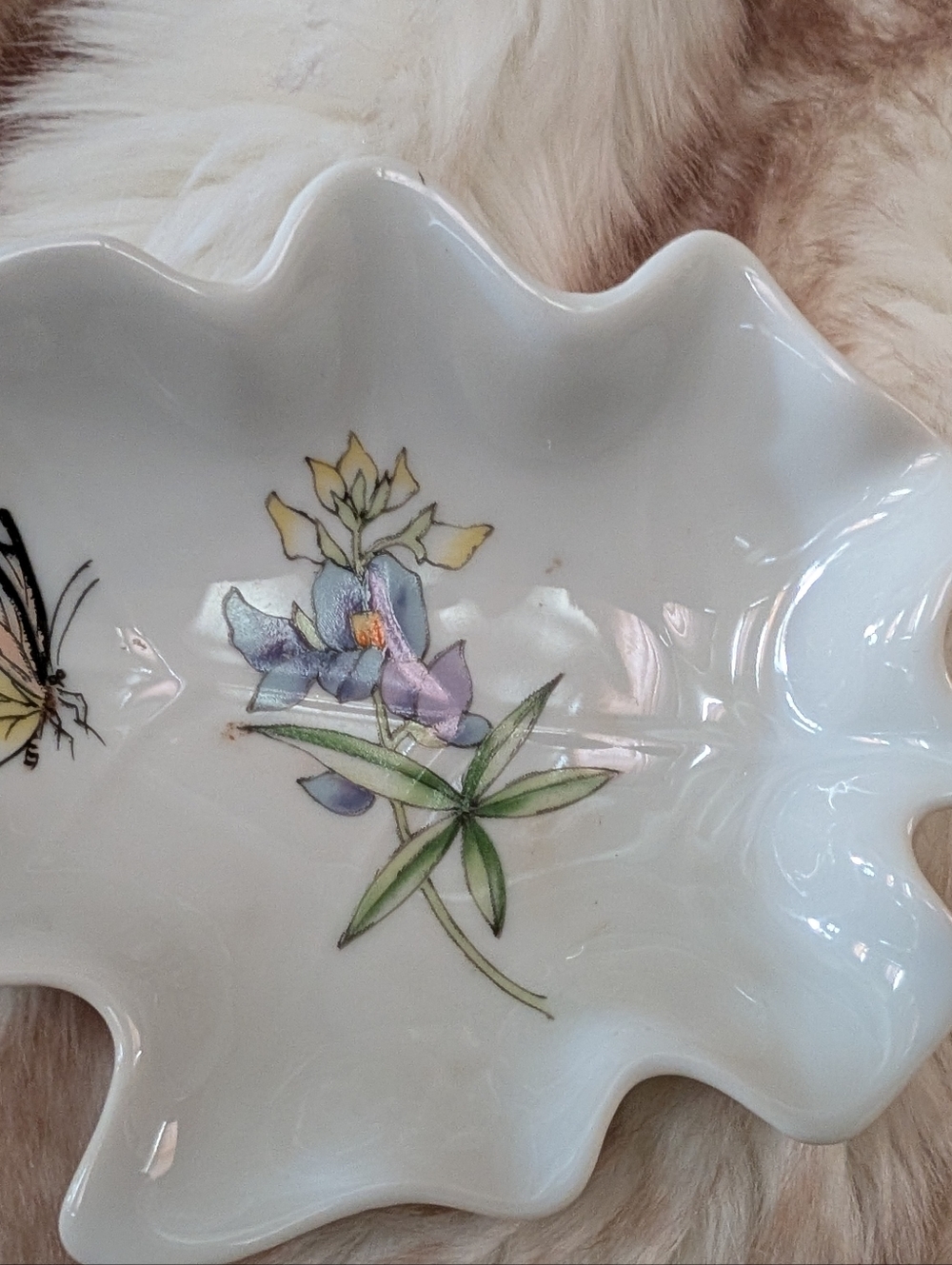 Scalloped Porcelain Trinket Dish with Pastel Floral & Butterfly